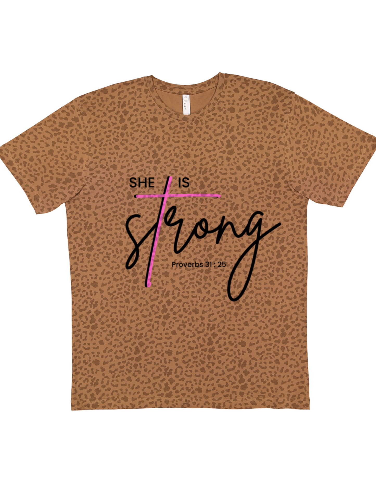 Brown leopard t-shirt with 'She is Strong' text and pink cross on a white background