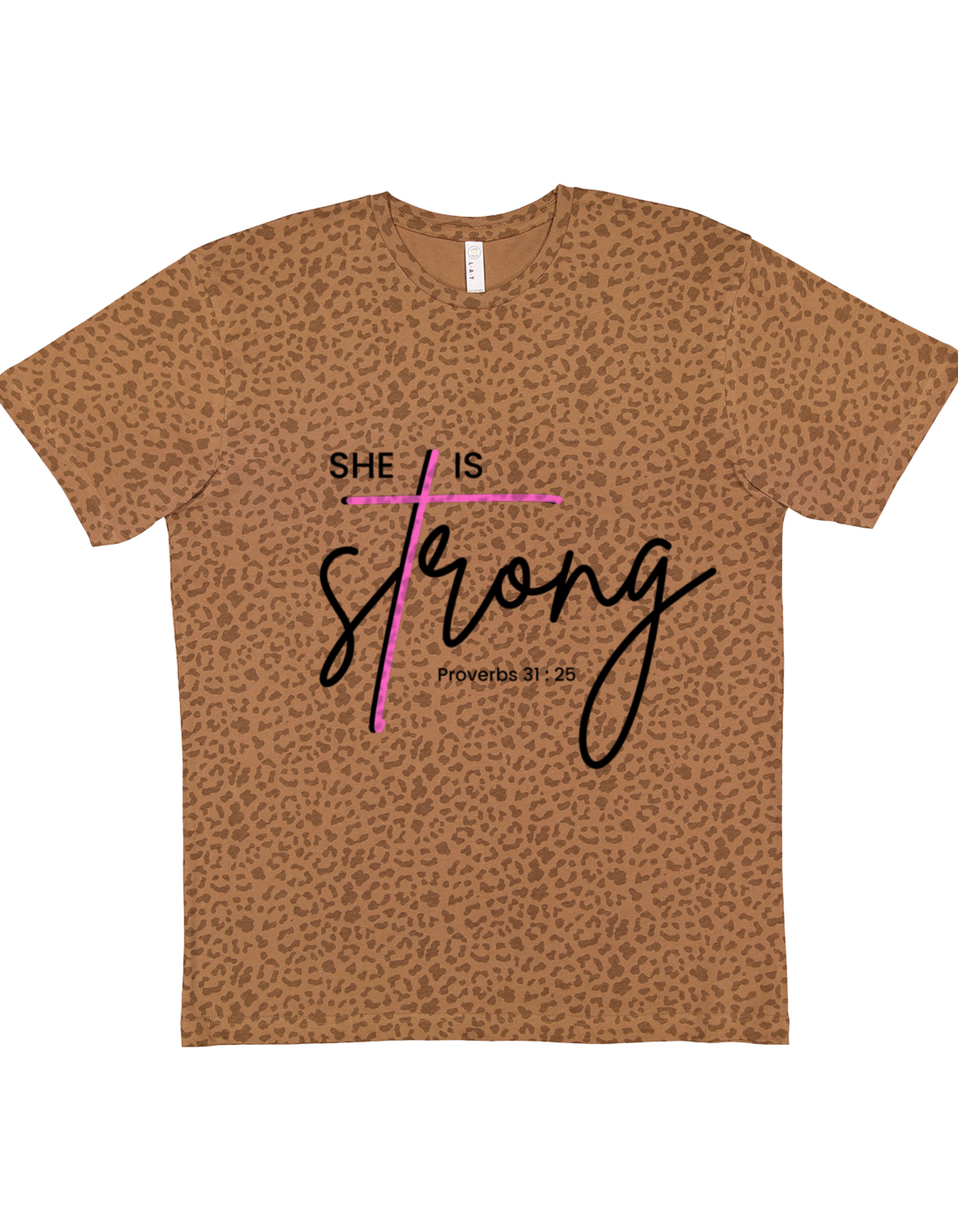 Brown leopard t-shirt with 'She is Strong' text and pink cross on a white background